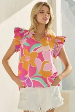 Floral Print Flutter Sleeve Blouse With V Neck | S-3XL Oddi