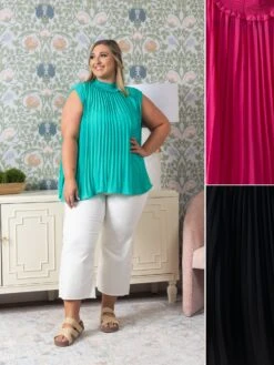 Smocked Mock Neck Sleeveless Pleated Accordion Blouse | S-3XL