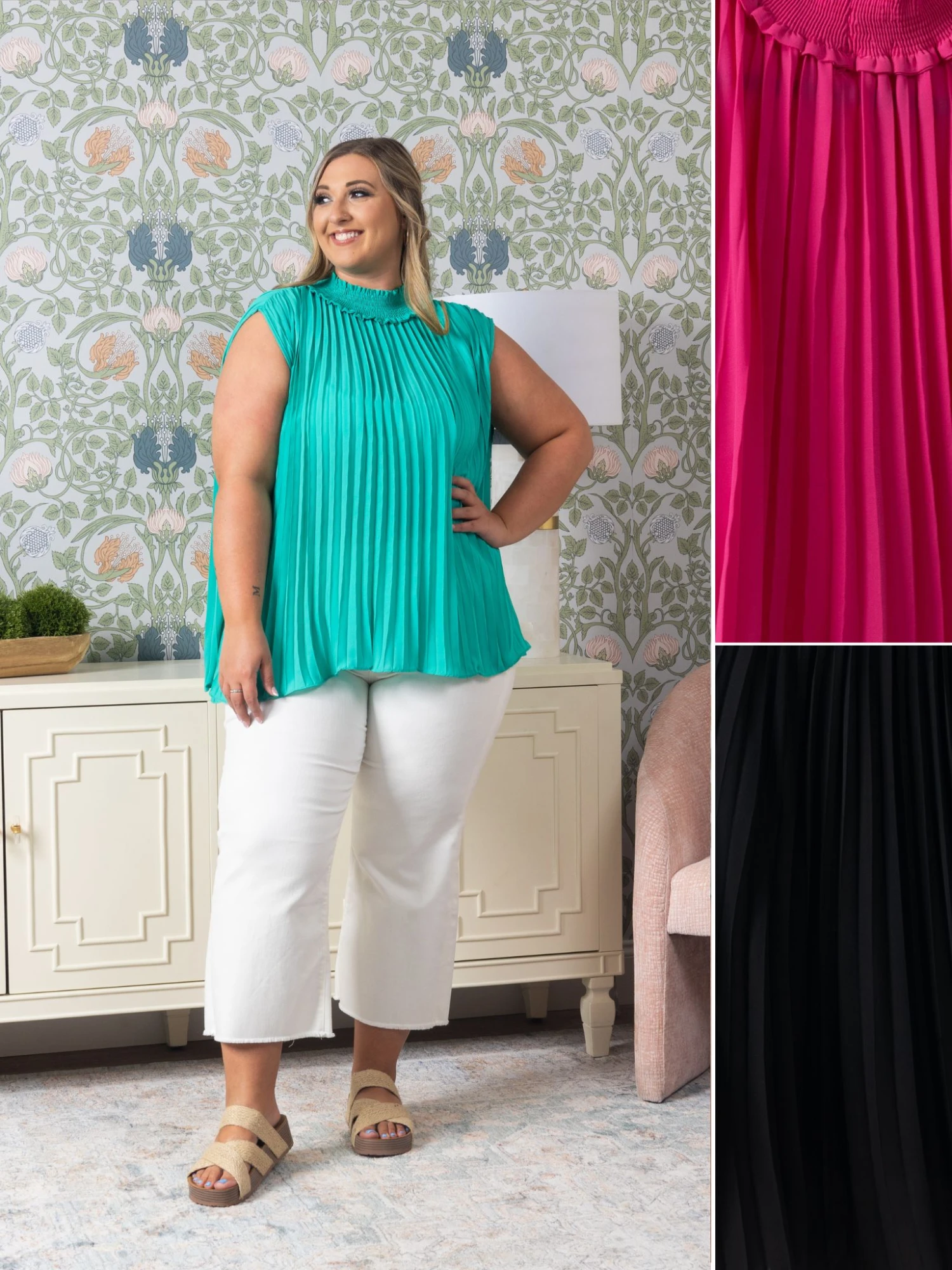 Smocked Mock Neck Sleeveless Pleated Accordion Blouse | S-3XL 1 Smocked Mock Neck Sleeveless Pleated Accordion Blouse | S-3XL