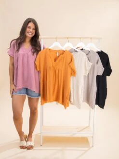 Zenana Gauze Raw Edge Short Sleeve V Neck Babydoll Shirt | S-3X