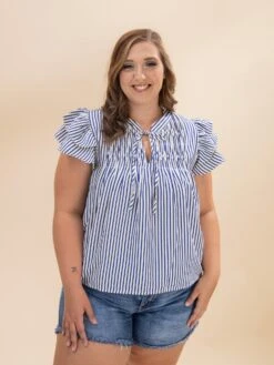 Ruffle Sleeve Woven Stripe Top With Pintuck Detail And Front Tie | S-L -Discount Divas Shop 93b45ae9b1629c40dcfcf6f85b19005e
