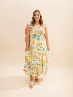 Multi Color Fruit Print Smocked Midi Dress | S-3X