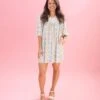 Geometric Floral Print 3/4 Sleeve Notched Neck Dress | S-XL