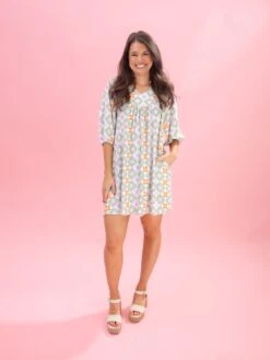 Geometric Floral Print 3/4 Sleeve Notched Neck Dress | S-XL