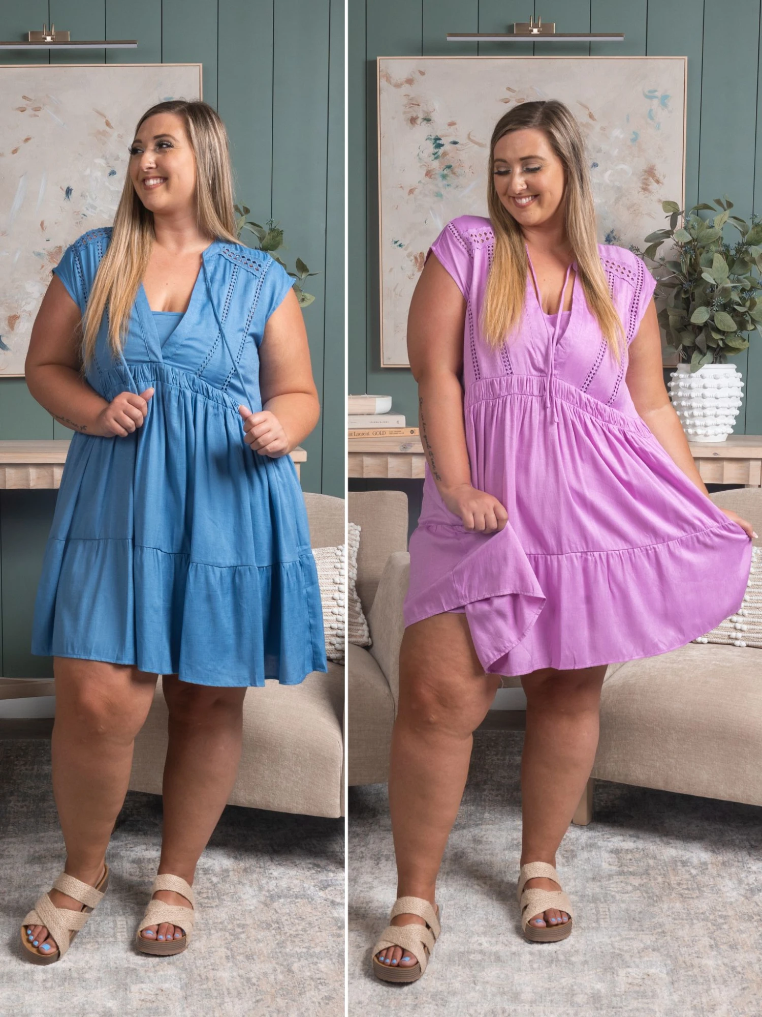 Lace Inset Split Neckline Tie Closure Mini Dress | S - 3XL Summer Concerts & Festivals 1 Lace Inset Split Neckline Tie Closure Mini Dress | S - 3XL Summer Concerts & Festivals