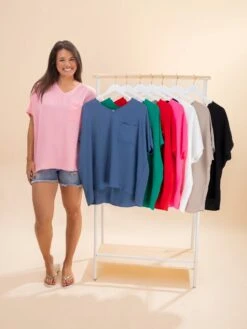 Zenana Airflow V-Neck Dolman Short Sleeve Top With Pocket