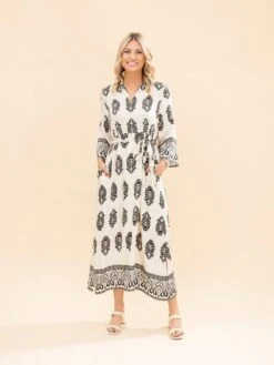 Waist Tie Damask Border Print Midi Dress | S-L -Discount Divas Shop 95609b137fb96ebe107137a923f6325e