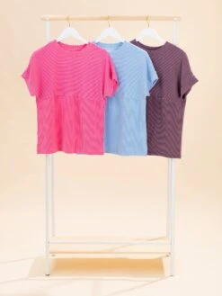 Short Sleeve Plain Corded Knit Mock Neck T Shirt | S-XL