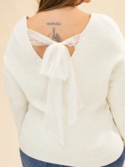 Long Sleeve V Neck Drop Shoulder Back Bow Tie Detail Sweater | S-L -Discount Divas Shop 9661fea263428167f730027bbb3e595d