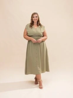 Solid Woven Cap Sleeve Button Down Midi Dress | S-3XL -Discount Divas Shop 96d63dfe523672afa1d428117493139d
