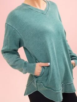 Lived In V Neck Rounded Hem Sweatshirt W/ Pockets By DD Design | S-3XL -Discount Divas Shop 97049f67728d69cc348d92e091493f32
