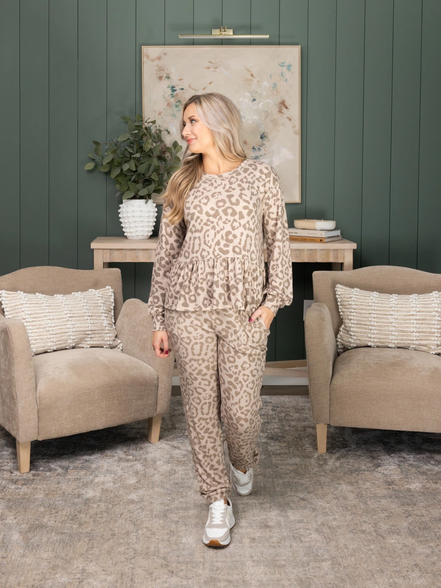 Leopard Print Long Sleeve Peplum Lounge Pullover | S-L Set W/ Sku48795 2 Leopard Print Long Sleeve Peplum Lounge Pullover | S-L Set W/ Sku48795 - Image 2