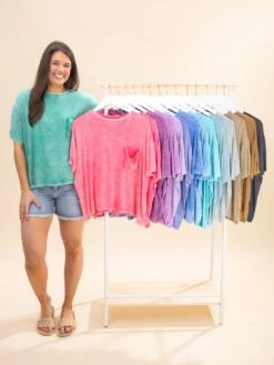 Zenana Washed Ribbed Short Sleeve Top With Pocket | S/M-2X/3X