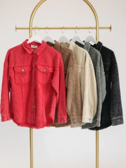 Oversized Washed Long Sleeve Button Down Corduroy Shacket W/ Raw Hem | S - 3XL