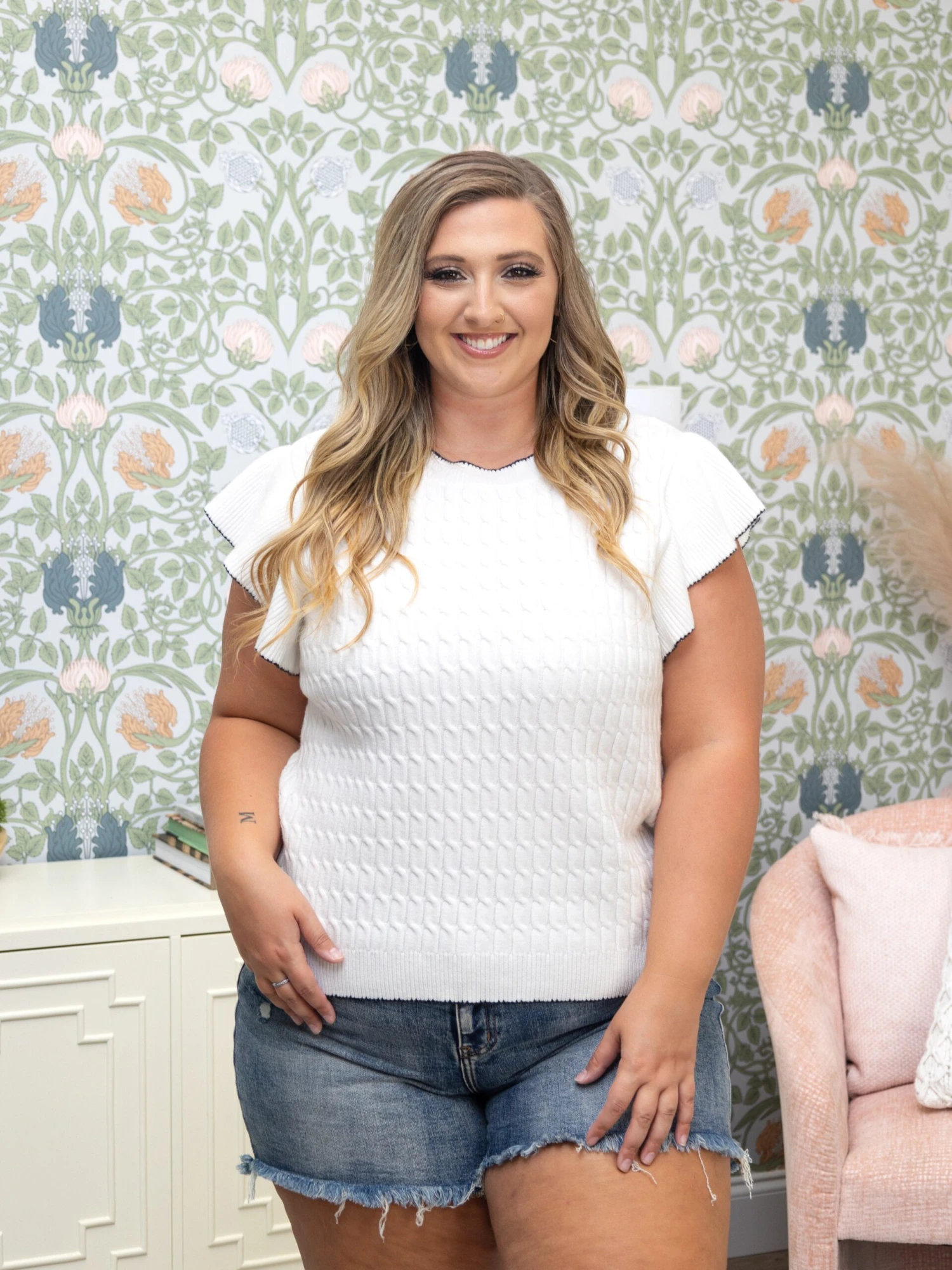 Cable Knitted Flutter Sleeve Ribbed Round Neck Sweater | S-L 2 Cable Knitted Flutter Sleeve Ribbed Round Neck Sweater | S-L - Image 2