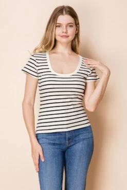 Short Sleeve Striped Knit Top | S-3XL White Birch