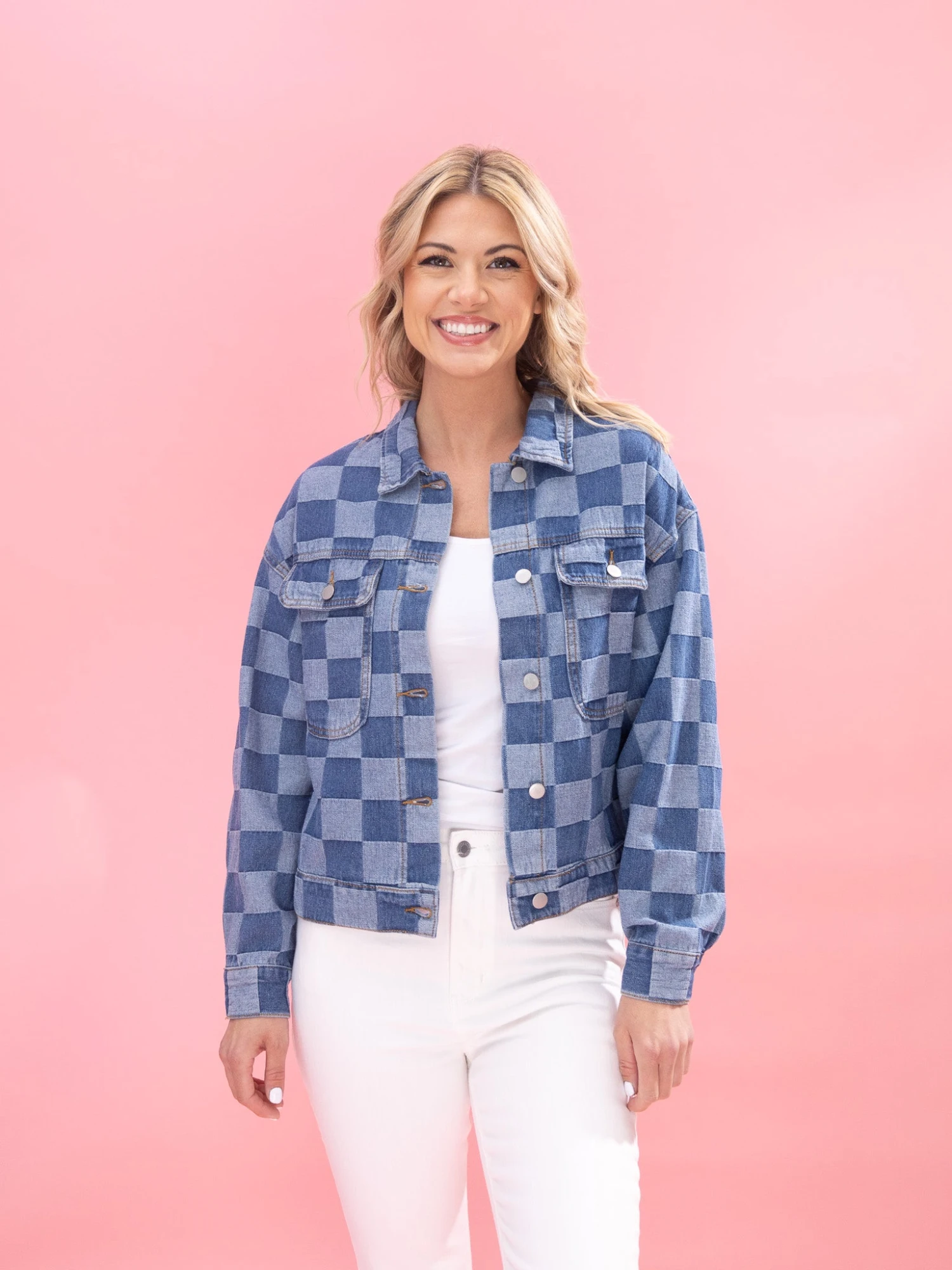 Checkered Patchwork Button Up Denim Jacket | S-2XL 1 Checkered Patchwork Button Up Denim Jacket | S-2XL