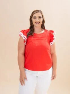 Ruffle Sleeve Round Neck Woven Top W/ Contrast Trim | S-L -Discount Divas Shop 9c12166c34049706ec81b9021a6754fb