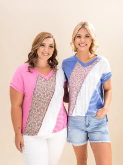 Patchwork V Neck Short Sleeve Top | S-3XL