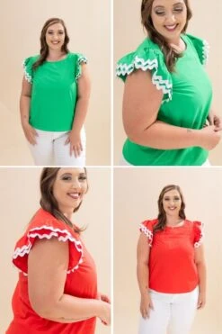 Ruffle Sleeve Round Neck Woven Top W/ Contrast Trim | S-L