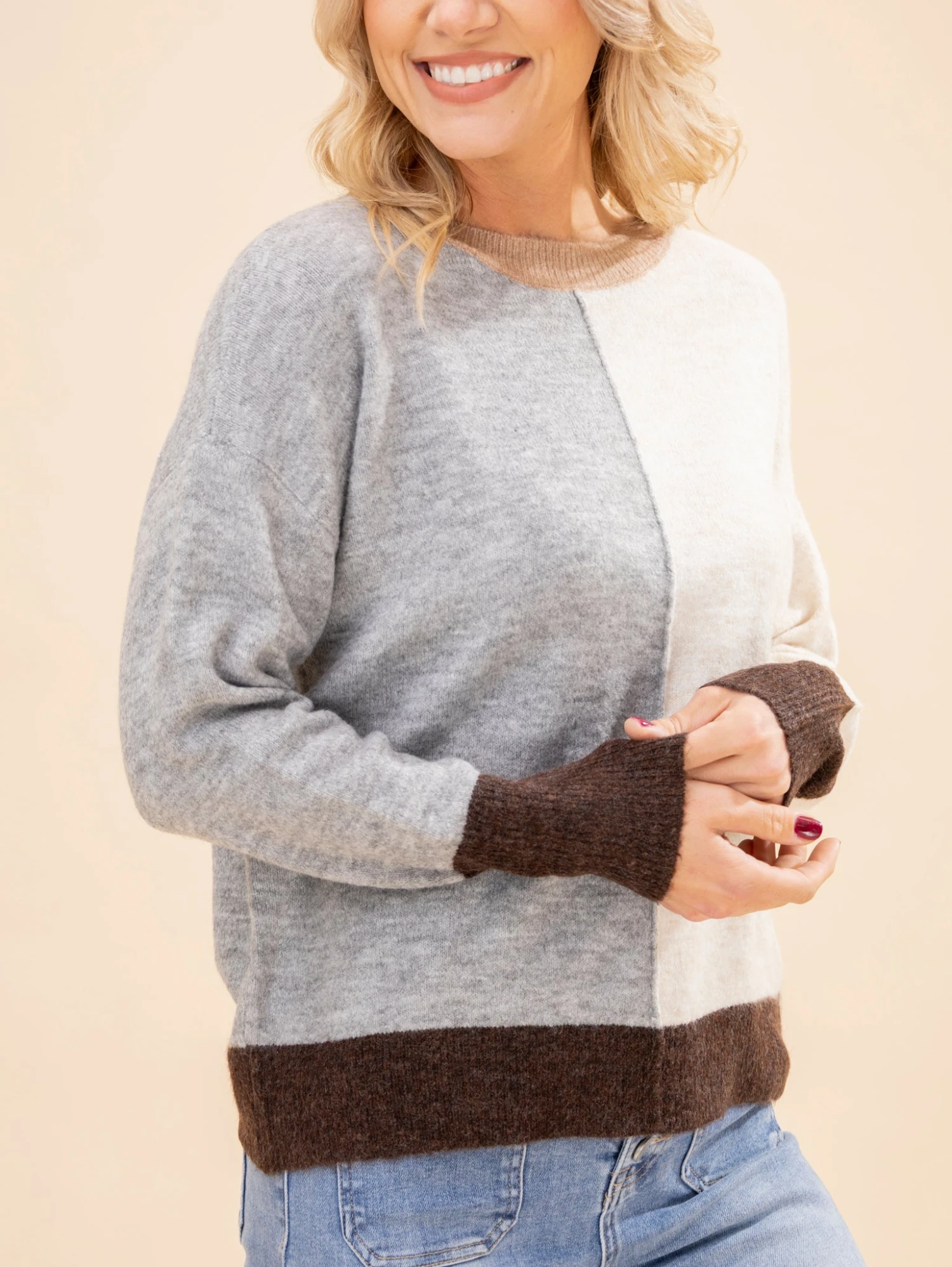 Color Block Front Seam Long Sleeve Knit Sweater | S-L 2 Color Block Front Seam Long Sleeve Knit Sweater | S-L - Image 2