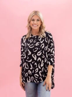 Raised Rib Black Leopard Easy Fit 3/4 Sleeve Top By DD Design | Reg-Plus