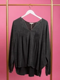 Washed Cotton Slub Long Sleeve V Neck Knit Top | S - L