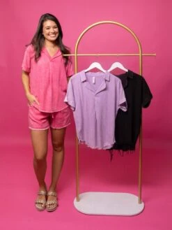 Zenana Washed Linen Raw Edge Short Sleeve Collared Shirt | S - XL Set W/ Sku50368