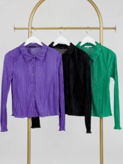 Collared Button-Down Long Sleeve Plisse Top | S - L SET W/ Sku47368