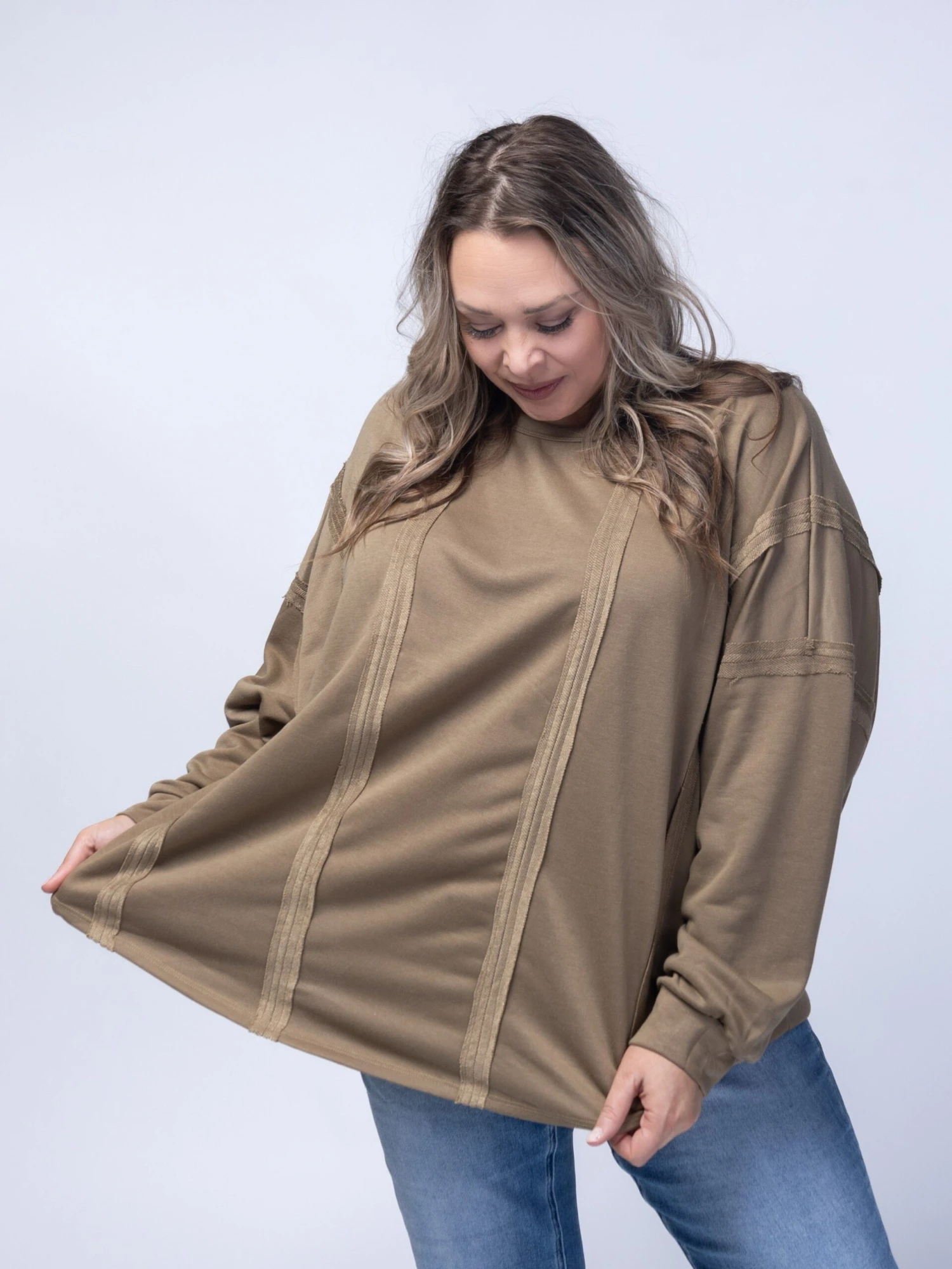 French Terry Long Sleeve Tunic Top W/ Raw Edges | S/M - 2X/3X 2 French Terry Long Sleeve Tunic Top W/ Raw Edges | S/M - 2X/3X - Image 2