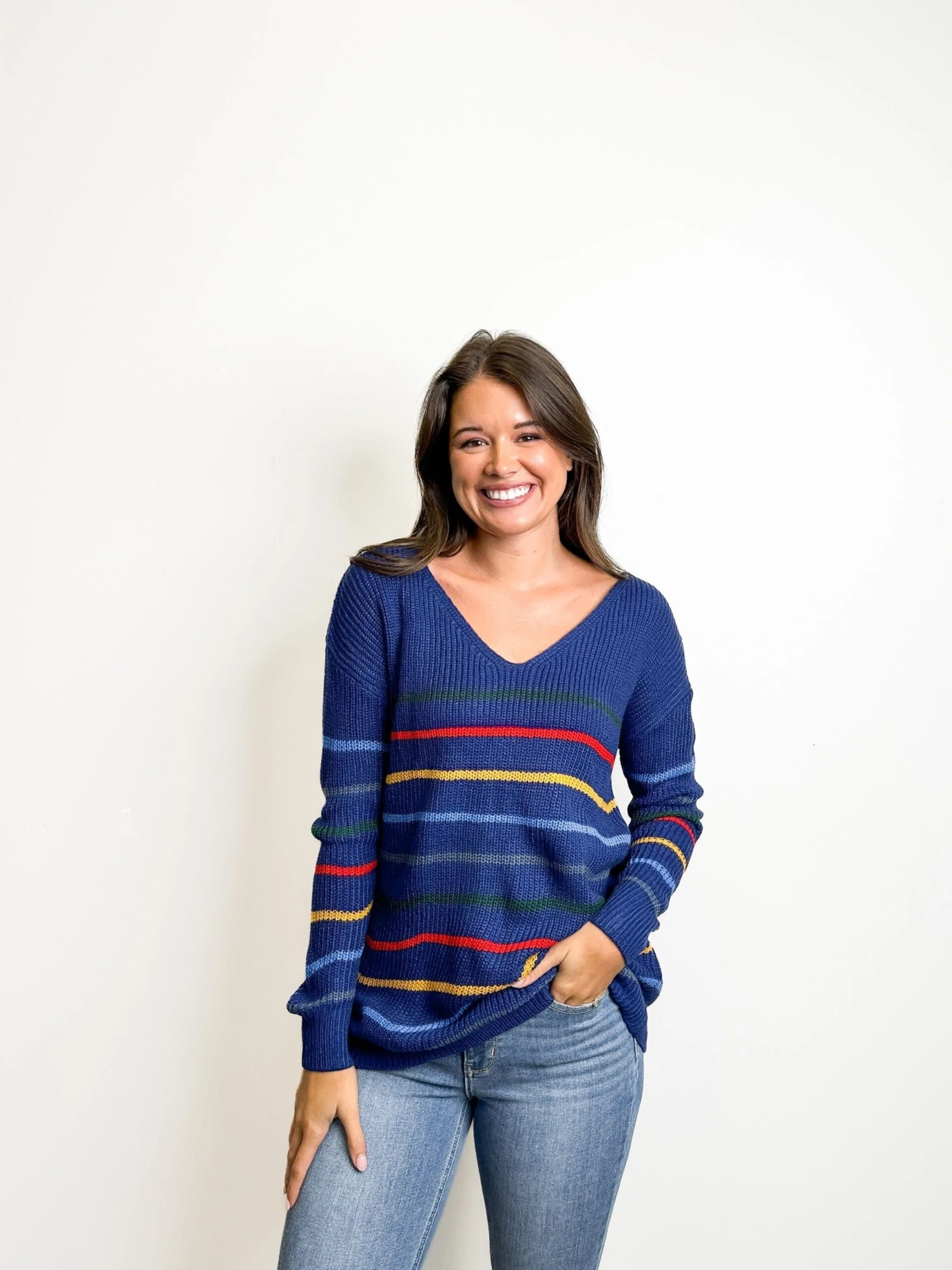 Striped Relaxed Fit Knit Long Sleeve V Neck Sweater | S-2X 3 Striped Relaxed Fit Knit Long Sleeve V Neck Sweater | S-2X - Image 3
