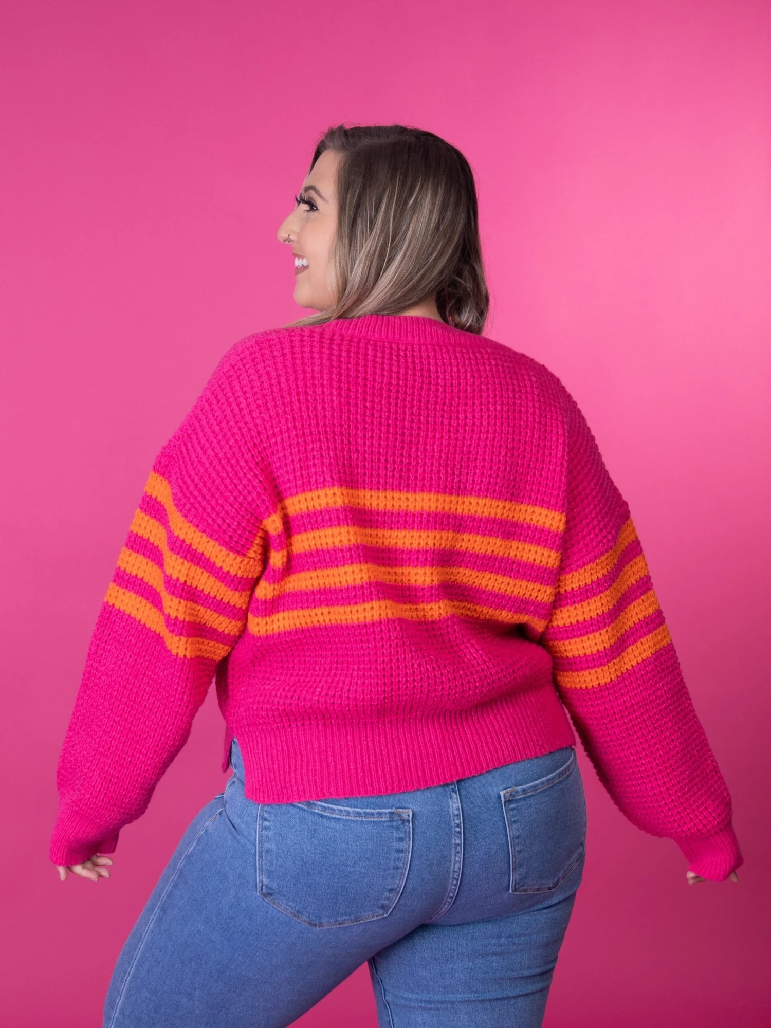 Striped Waffle Texture Button Down Cardigan | S-3X 3 Striped Waffle Texture Button Down Cardigan | S-3X - Image 3