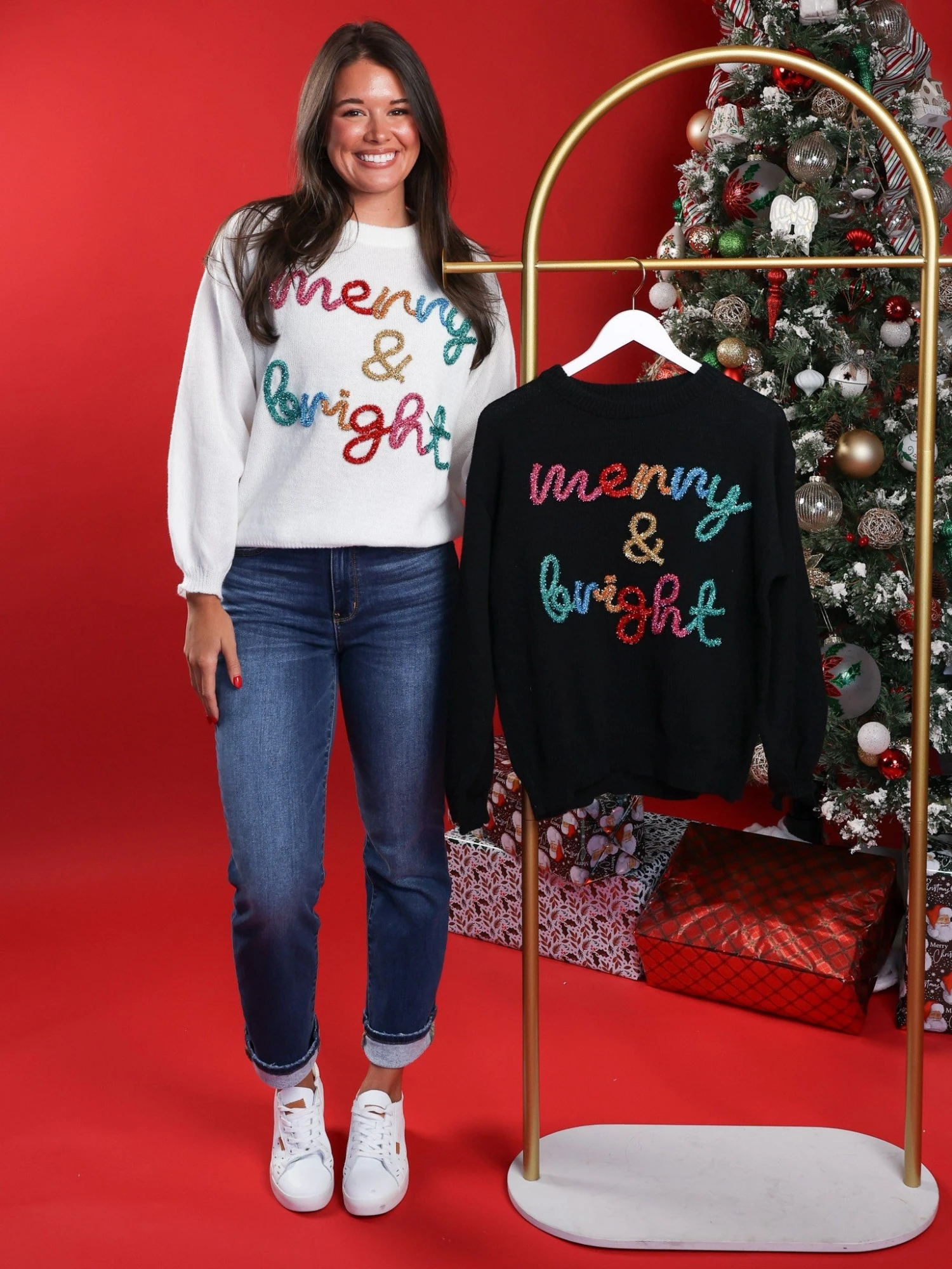 Merry And Bright Tinsel Lettering Long Sleeve Christmas Sweater | S-XL 1 Merry And Bright Tinsel Lettering Long Sleeve Christmas Sweater | S-XL