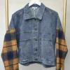 Lightly Distressed Plaid Sleeve Denim Jacket | S - 3XL