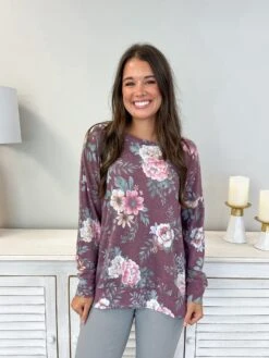 Floral Printed Round Neck Long Sleeve Top | S-3X