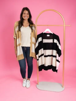 Short Sleeve Open Front Striped Cardigan | S/M-2X/3X