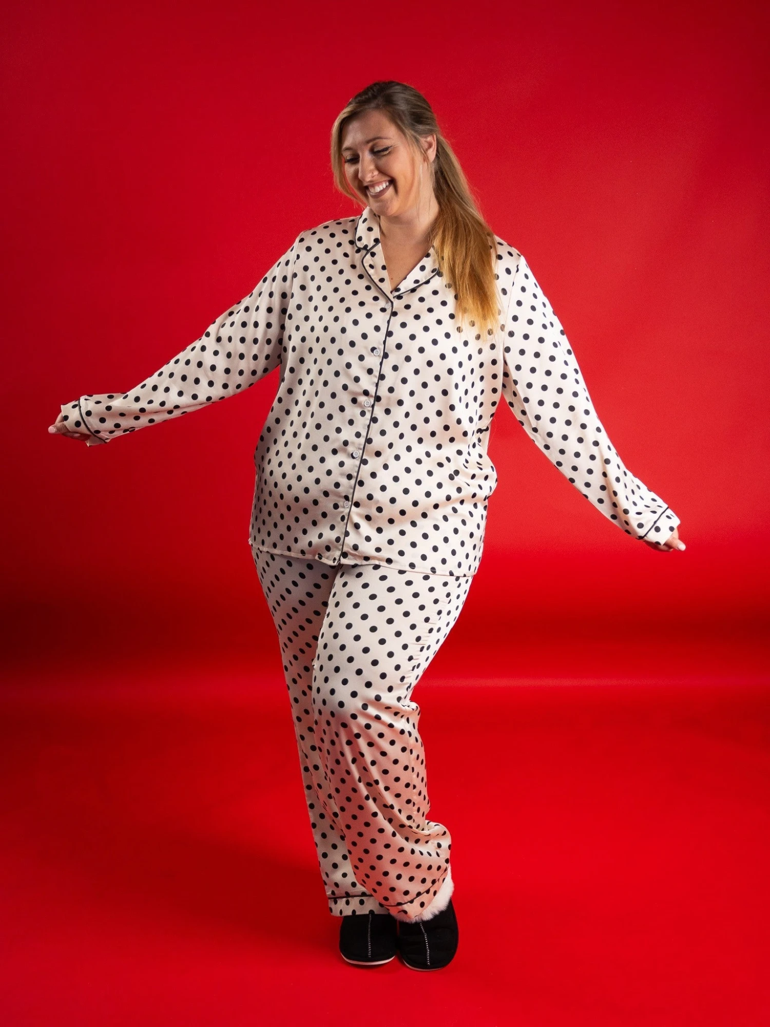 Polka Dot Button Down Long Sleeve Satin Lounge Pajama Top | S - 3X 3 Polka Dot Button Down Long Sleeve Satin Lounge Pajama Top | S - 3X - Image 3