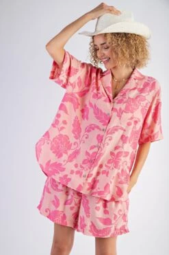 Short Sleeve Printed Peach Blossom Shirt | S - L Set W/ Sku50298