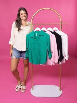 Zenana Double Gauze Button Down Rolled Sleeve Shirt | S - XL