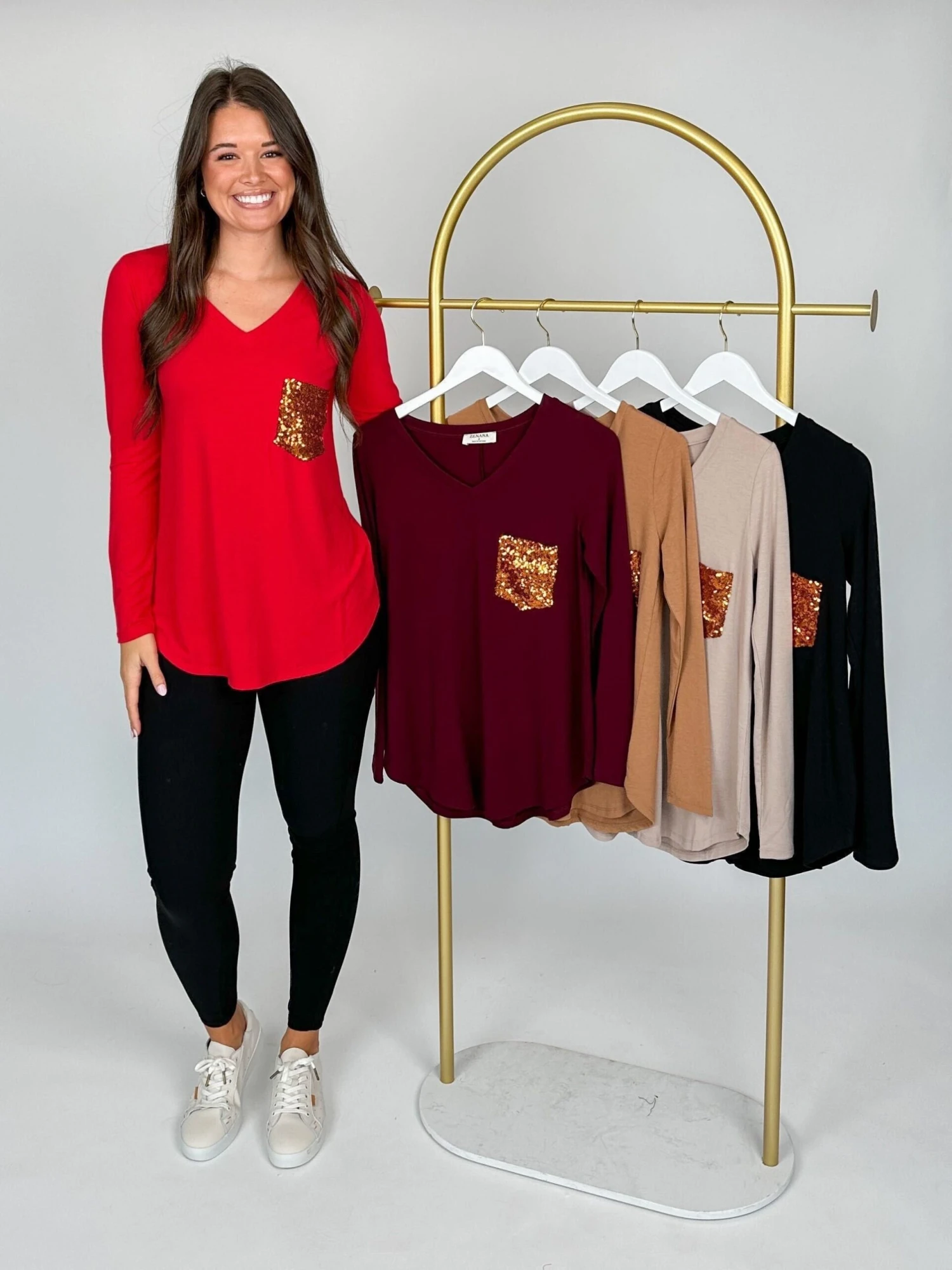 Zenana Long Sleeve V-Neck Top W/ Chest Sequin Pocket | S - 3X 1 Zenana Long Sleeve V-Neck Top W/ Chest Sequin Pocket | S - 3X