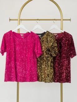 Short Sleeve Lined Sequins Top W/ Round Neck | S - L