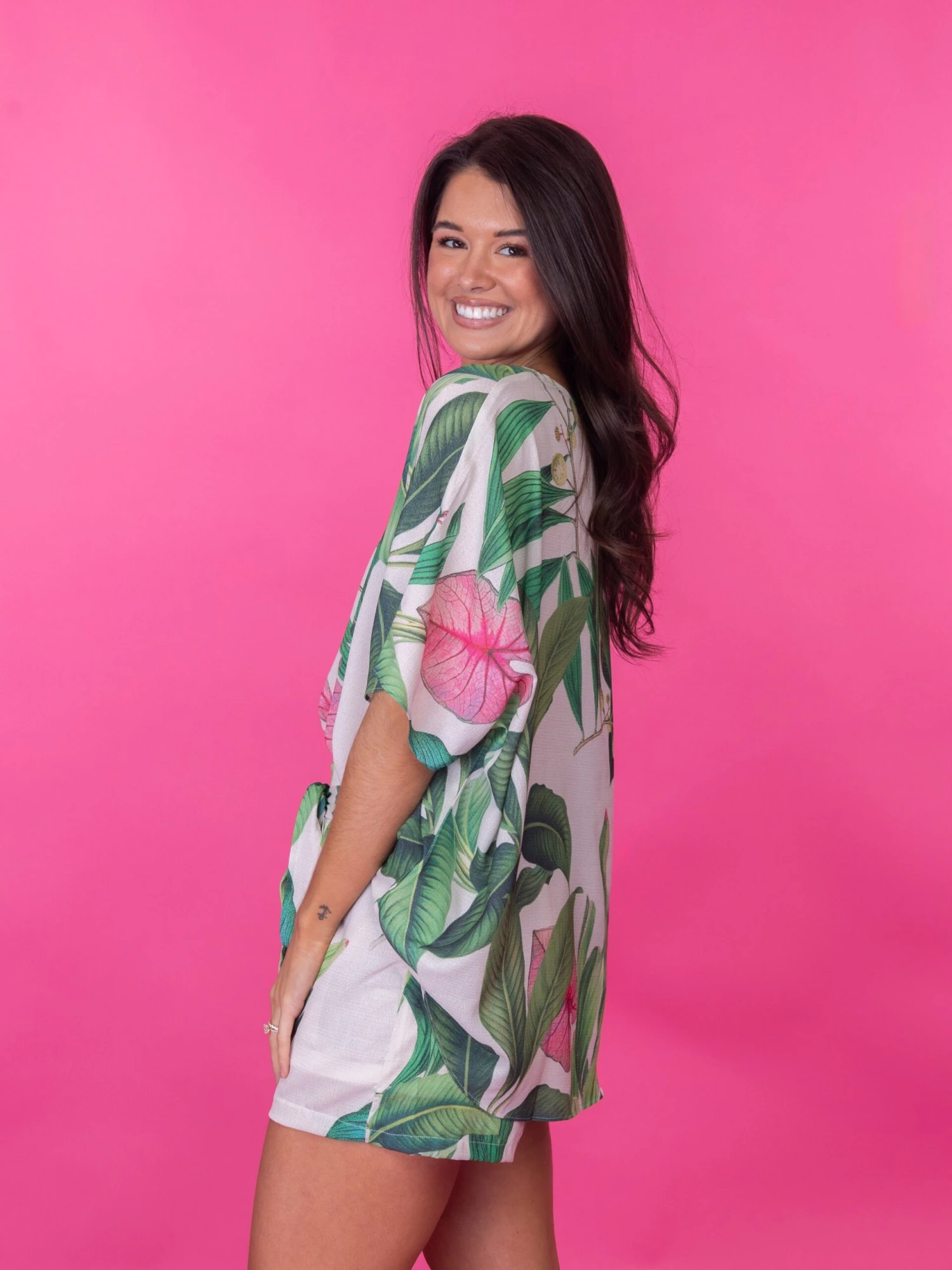 Oversized Hot Pink Leaf Print V Neck Top | S-3X Set W/ Sku49556 2 Oversized Hot Pink Leaf Print V Neck Top | S-3X Set W/ Sku49556 - Image 2