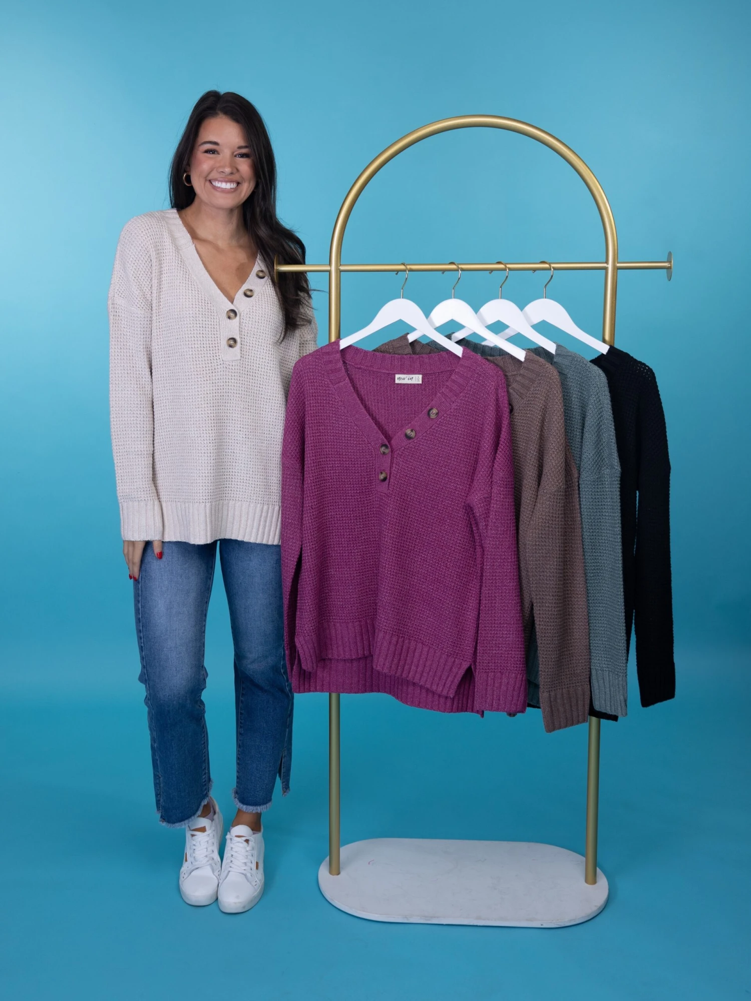 V Neck Waffle Knit Long Sleeve Top | S-L 1 V Neck Waffle Knit Long Sleeve Top | S-L