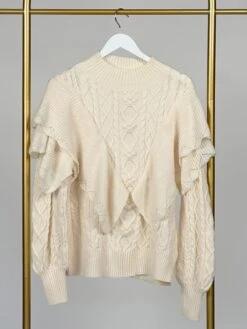 Ruffle Detail Cable Knit Mock Neck Sweater | S/M- M/L Pumpkin Spice