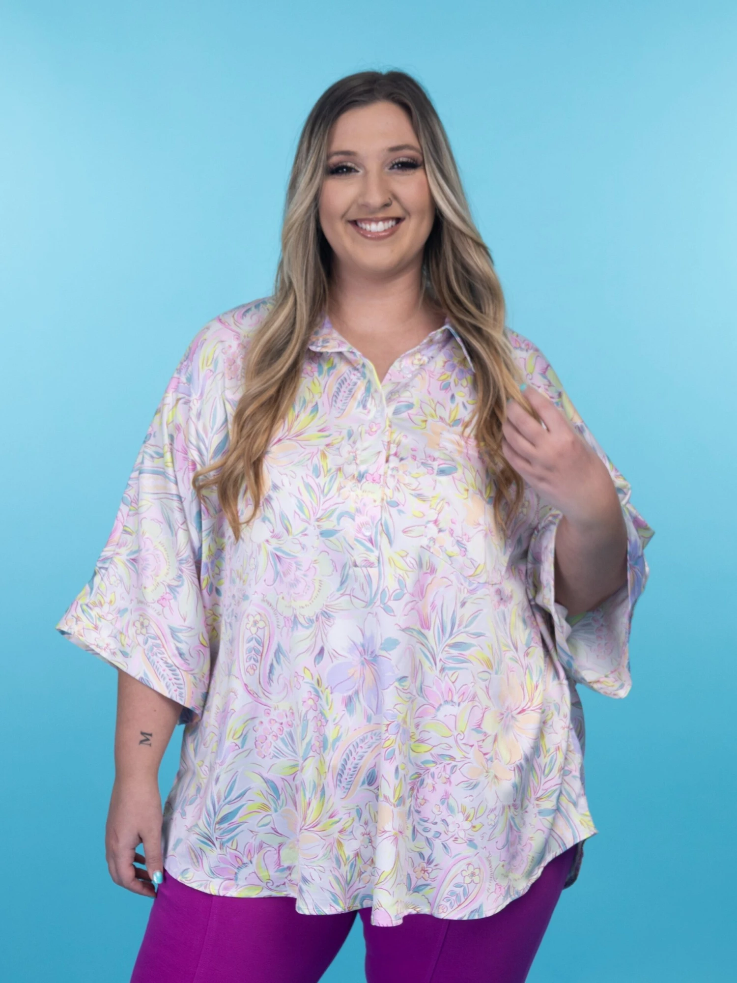 Emily Wonder Button Up Printed Poncho Blouse | S/M - 2X/3X 1 Emily Wonder Button Up Printed Poncho Blouse | S/M - 2X/3X