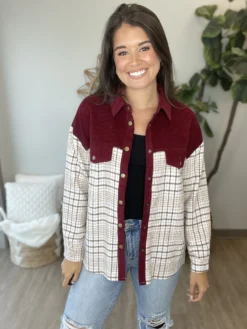 Corduroy & Plaid Color Block Shacket |S-2X