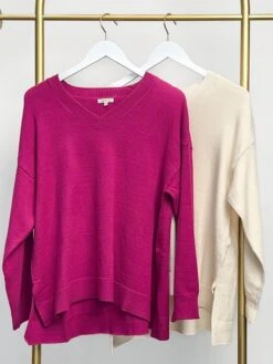 V Neck Long Sleeve Sweater W/ Side Slits | S-L