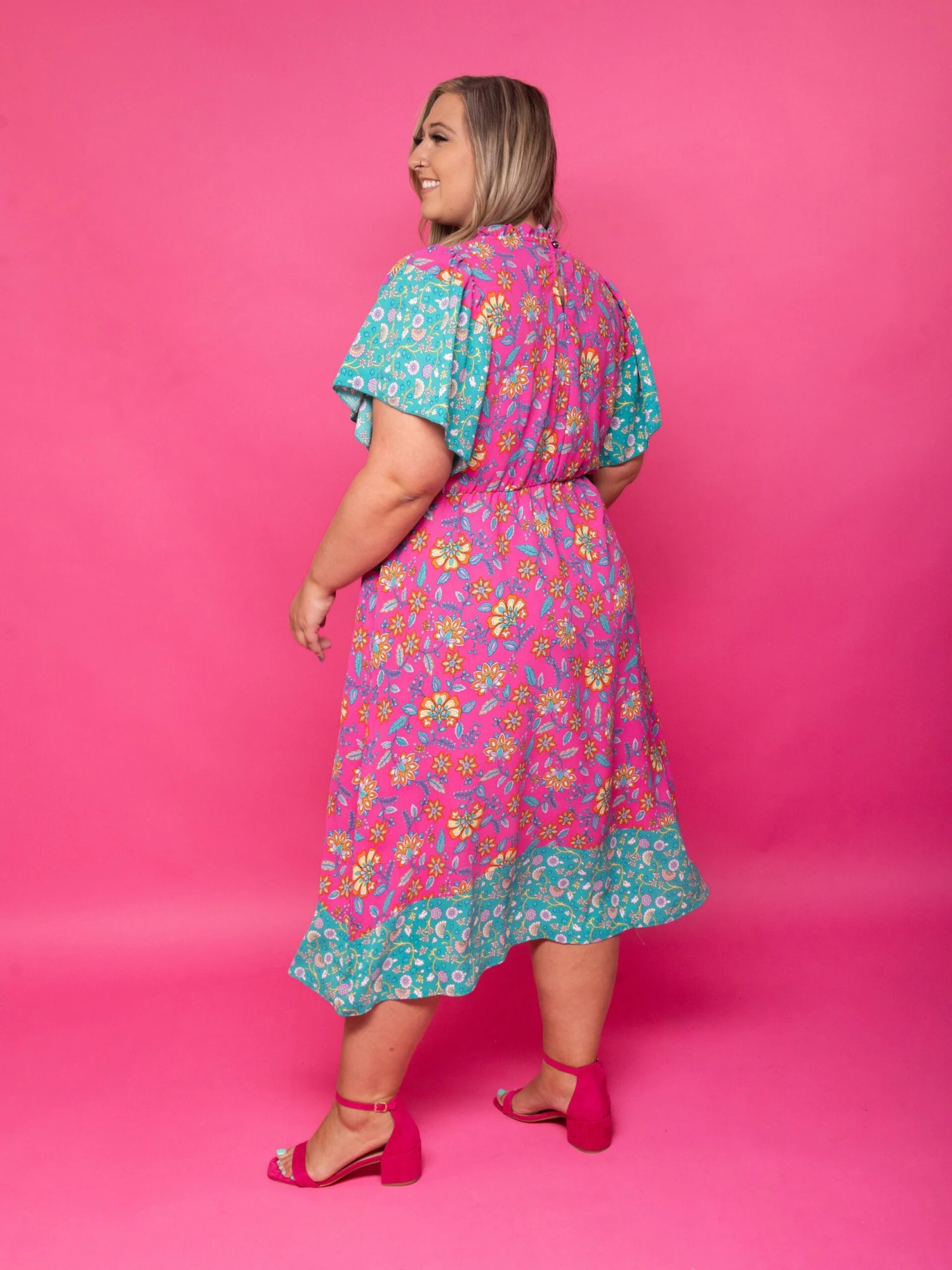 Mock Neck Floral Colorblock Short Sleeve Midi Dress | S - 3XL 4 Mock Neck Floral Colorblock Short Sleeve Midi Dress | S - 3XL - Image 4