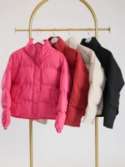 Solid Mock Neck Puffer Jacket W/ Button & Zipper Closure | S - L