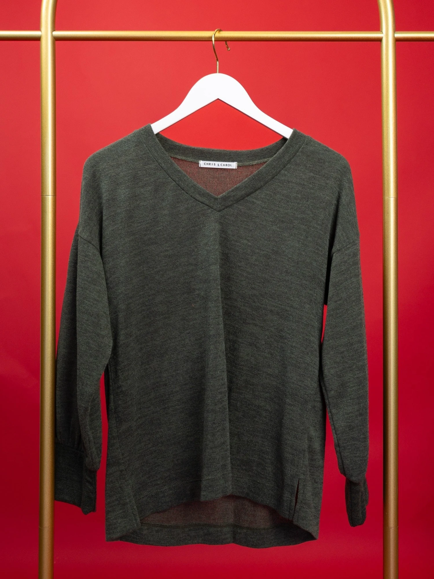 V-Neck Long Puff Sleeve Marled Sweater-| S-L 1 V-Neck Long Puff Sleeve Marled Sweater-| S-L